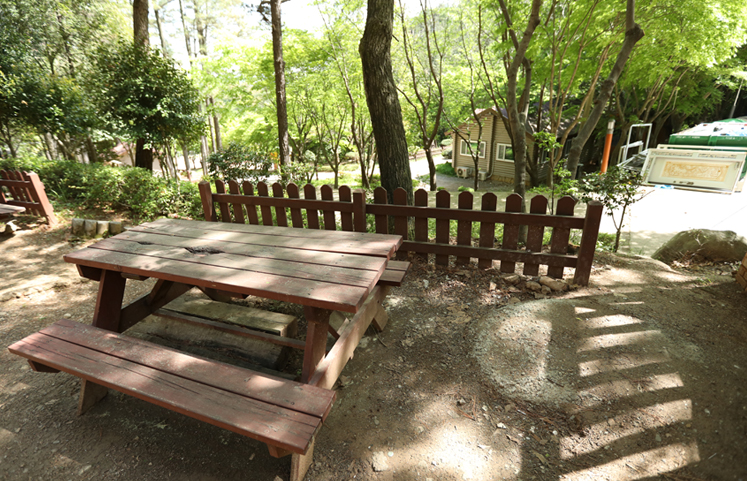 숲속의집(숙박시설) 사이에 있는 휴식 의자